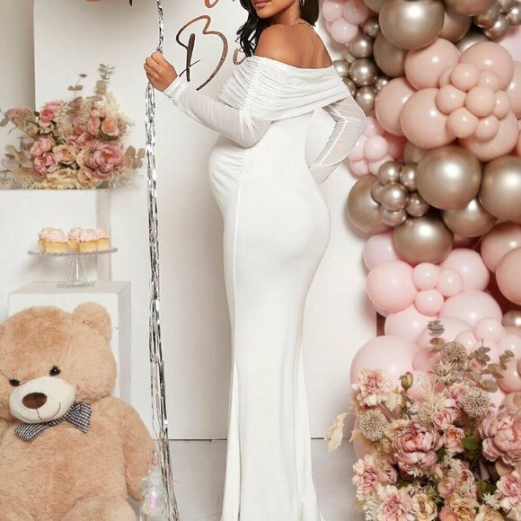 White Elegant Women's Maternity Off Shoulder Foldover Front Floor Length Dress - Picture 2 of 6